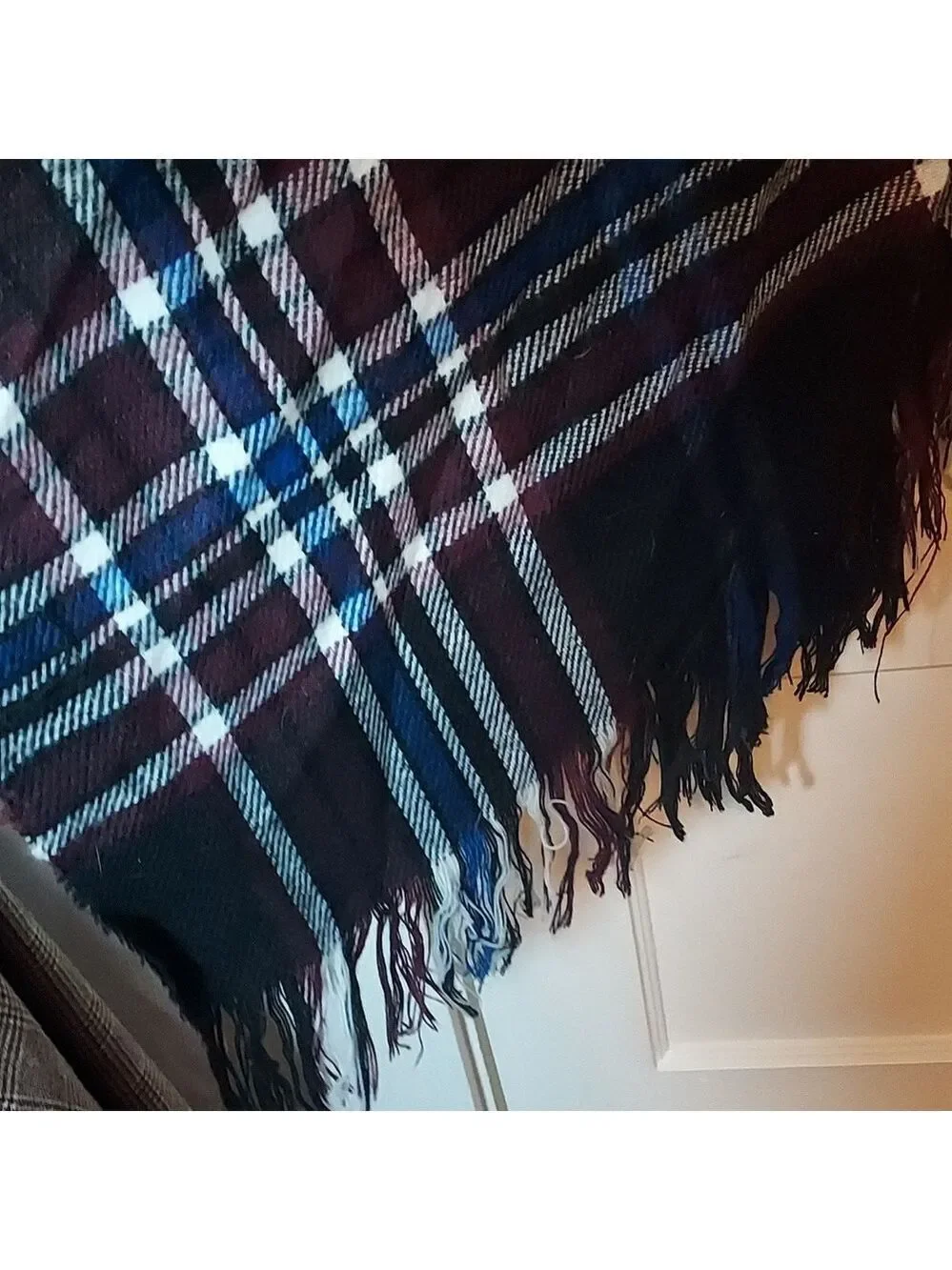LOFT Outlet Black Blue Checkered Fringe Poncho One Size